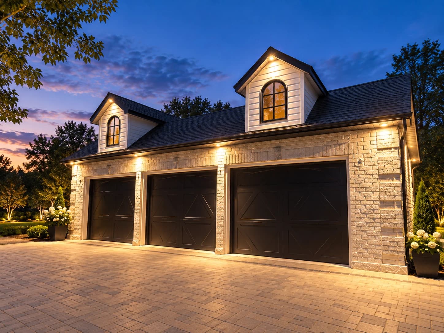 Visualization of a stone garage with three dark doors, arched dormer windows, a paved driveway and warm exterior lighting