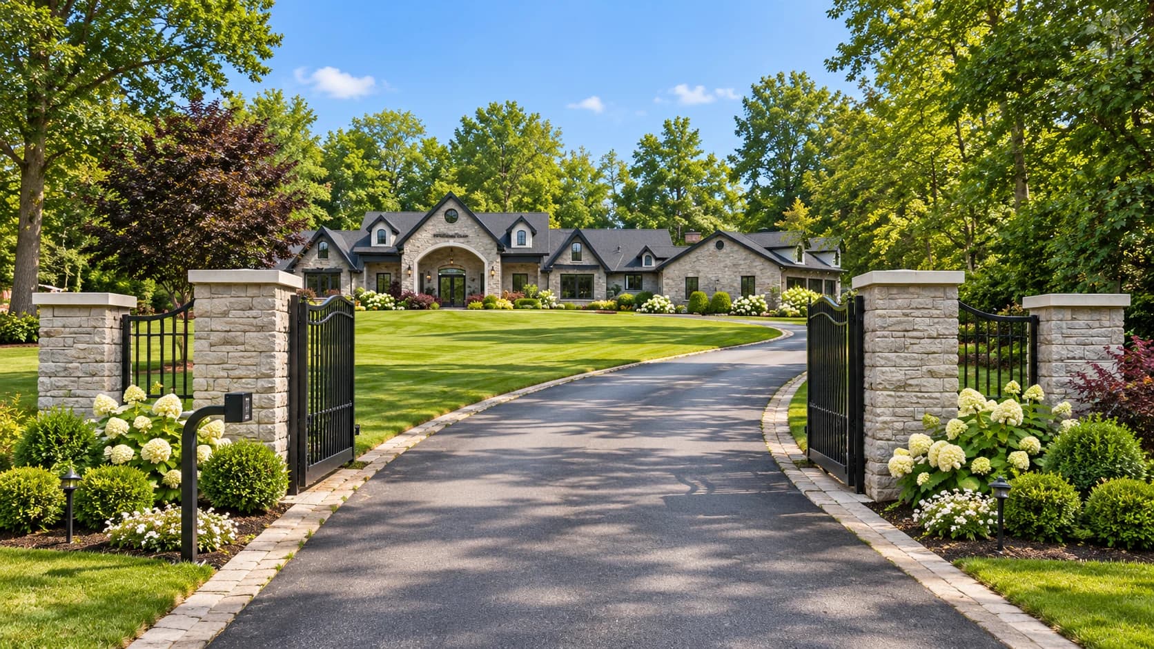 Visualization of a curved driveway through open metal gates and stone gateposts, leading across lawns and gardens to a stone house