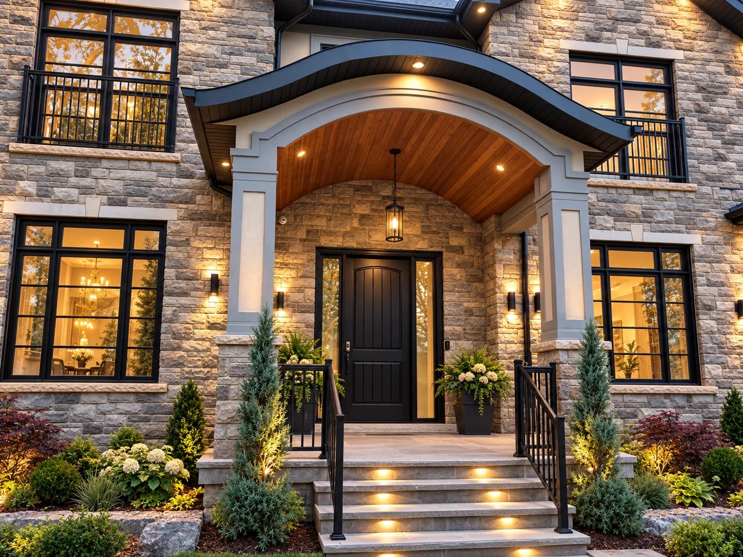 Close view of the curved wood-lined entrance canopy and illuminated stone steps at 100 Seneca