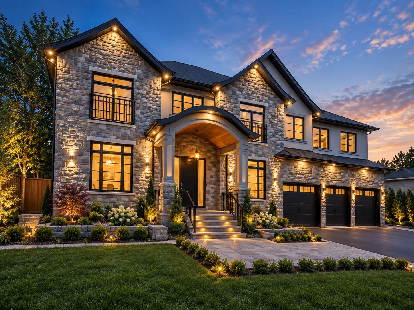Angled view of 100 Seneca's stone facade, curved entrance canopy, balconies and garage