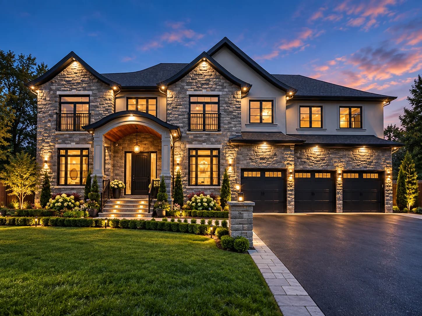 Residence in Ancaster with stone walls, Juliet balconies, a curved entrance canopy and an attached garage