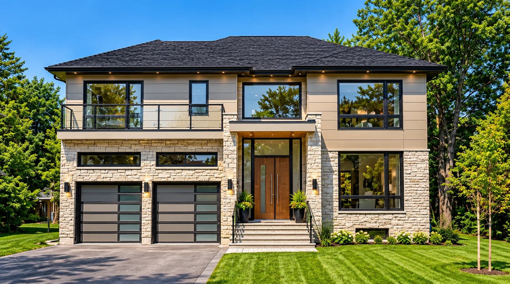 Front exterior of 1393 Selkirk in Oakville with stone ground-floor walls, light upper cladding, a dark hipped roof, broad windows, a balcony, a wood entrance door, two garages and landscaped lawns