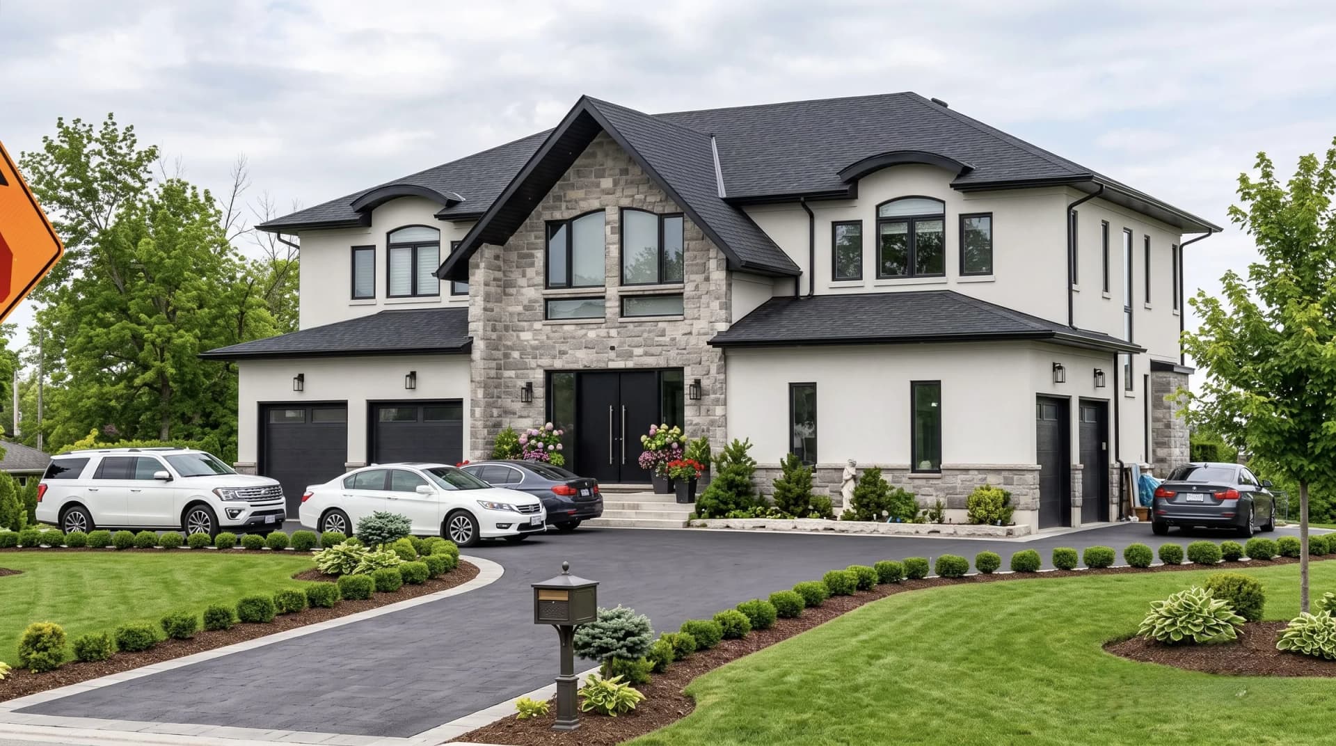 Residence at 17 Ridge Road in Stoney Creek with cream walls, a central stone gable, black-framed windows, a peaked roof and garages beside a landscaped driveway