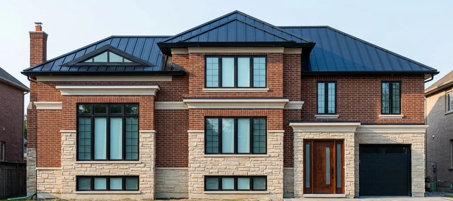 House at 2039 Wakely Street in Oakville with red brick and light stone walls, a dark metal roof, black-framed windows, a wood entrance and a single garage