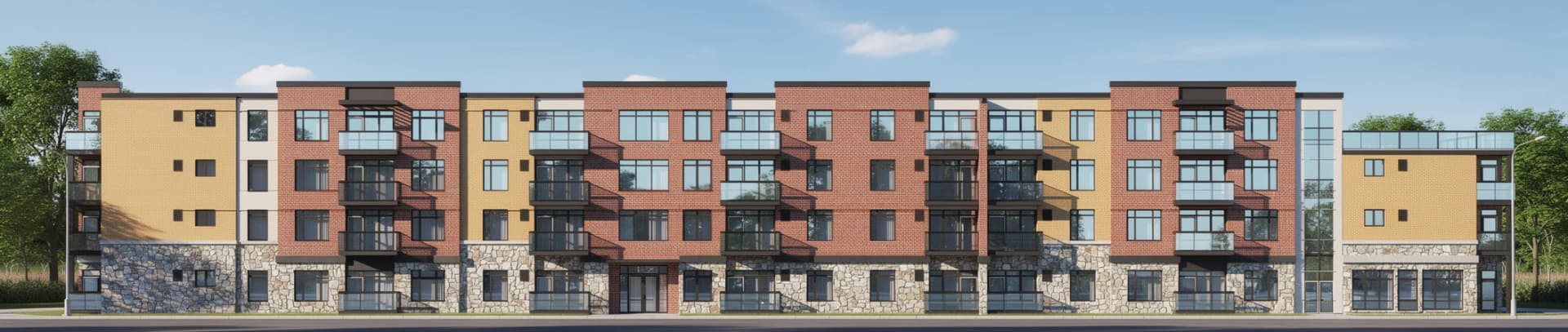 Supplied elevation drawing for 250 South Road showing an apartment building with alternating brick and pale wall panels, projecting balconies and glazed ground-floor entrances