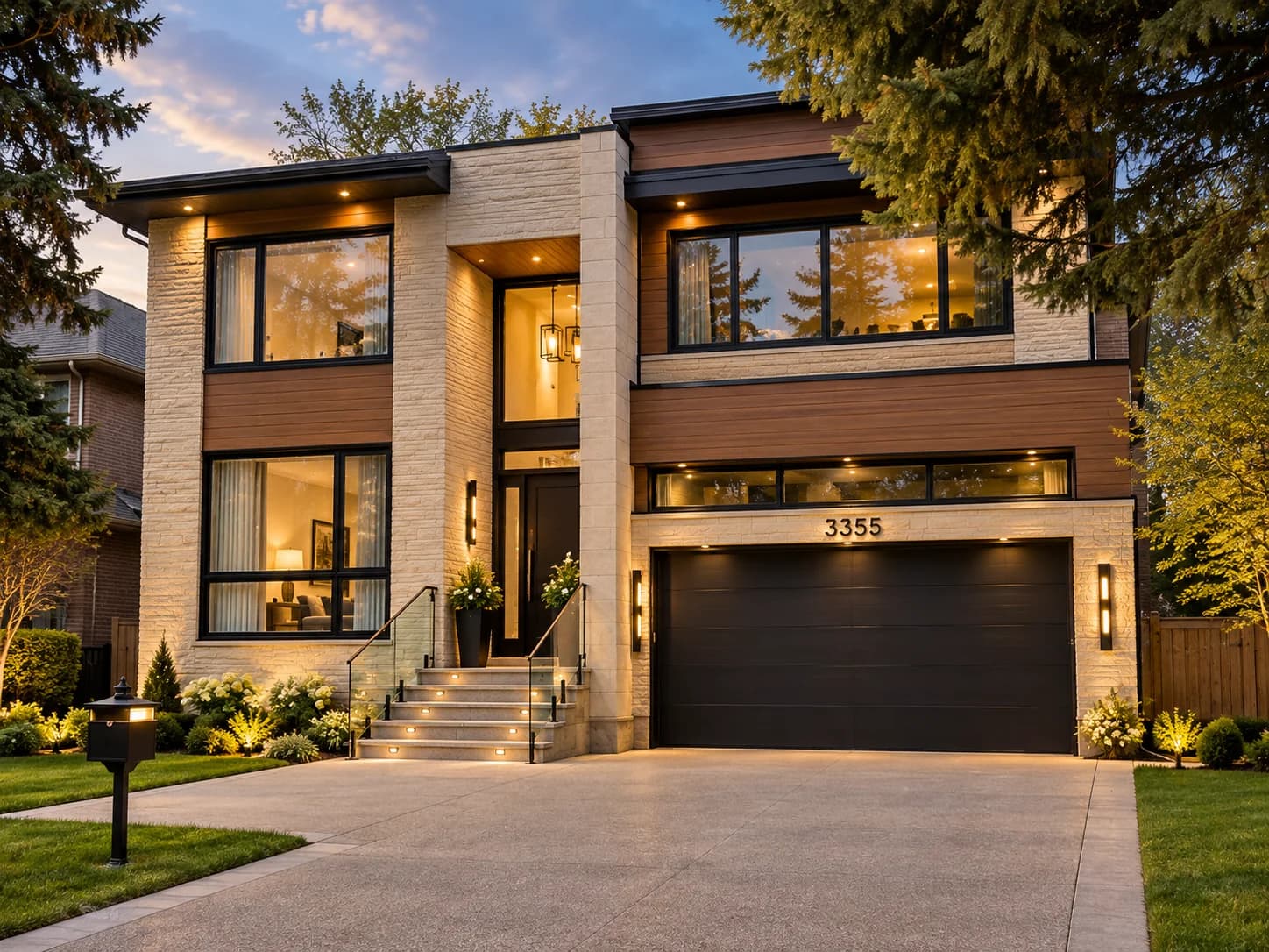 Contemporary residence in Burlington with stone walls, wood accents, large windows and a recessed entrance beside a double garage
