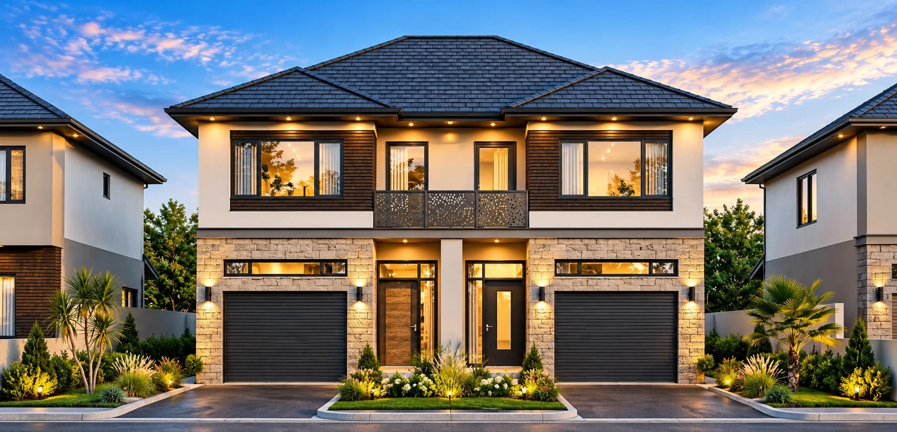 Duplex exterior with paired entrances and garages, stone ground-floor walls, light upper walls, wood accents, a balcony and warm lighting beneath a dark hipped roof