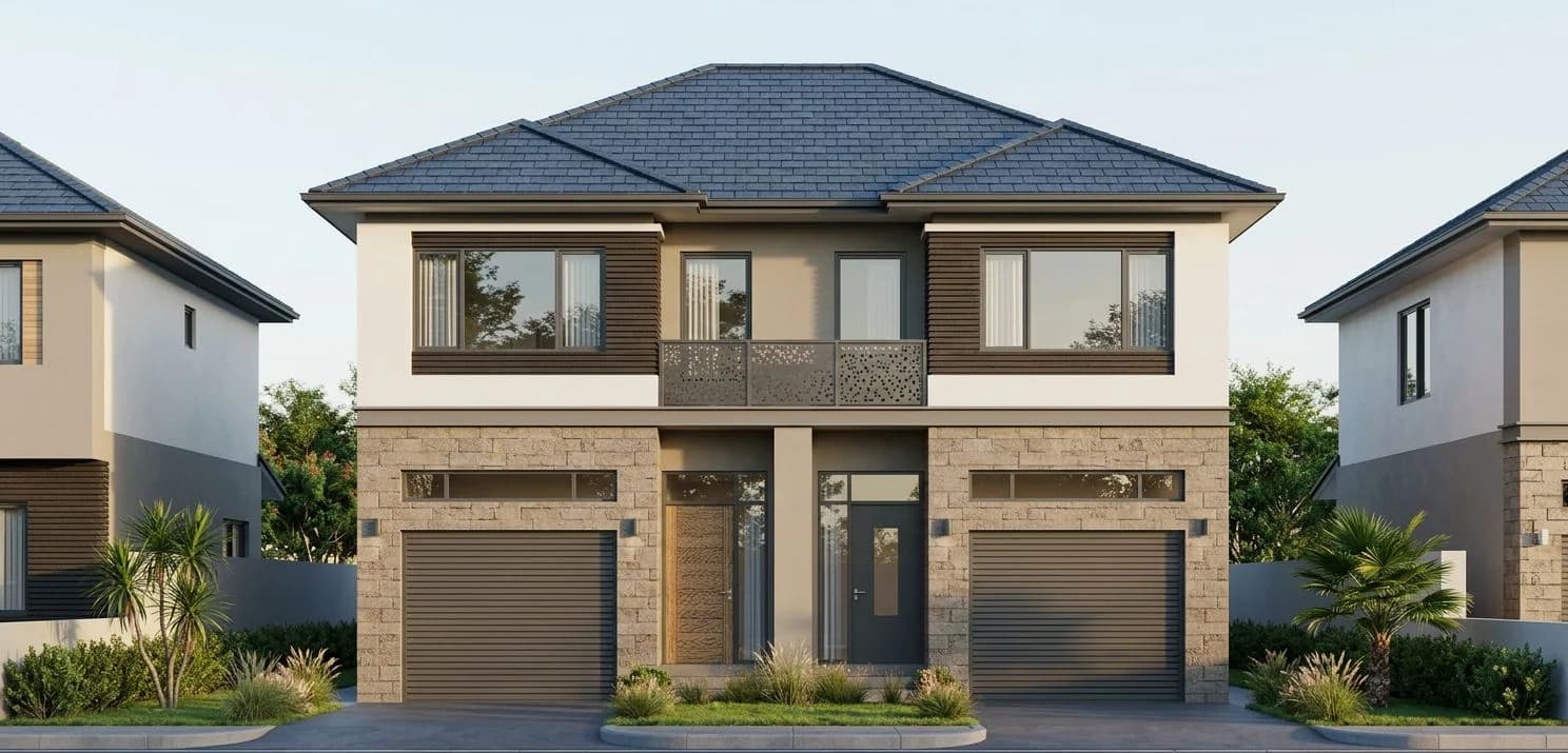 Supplied front-elevation visualization of 390 Queenston Road showing two garages, a central entrance, upper balconies and a dark hipped roof