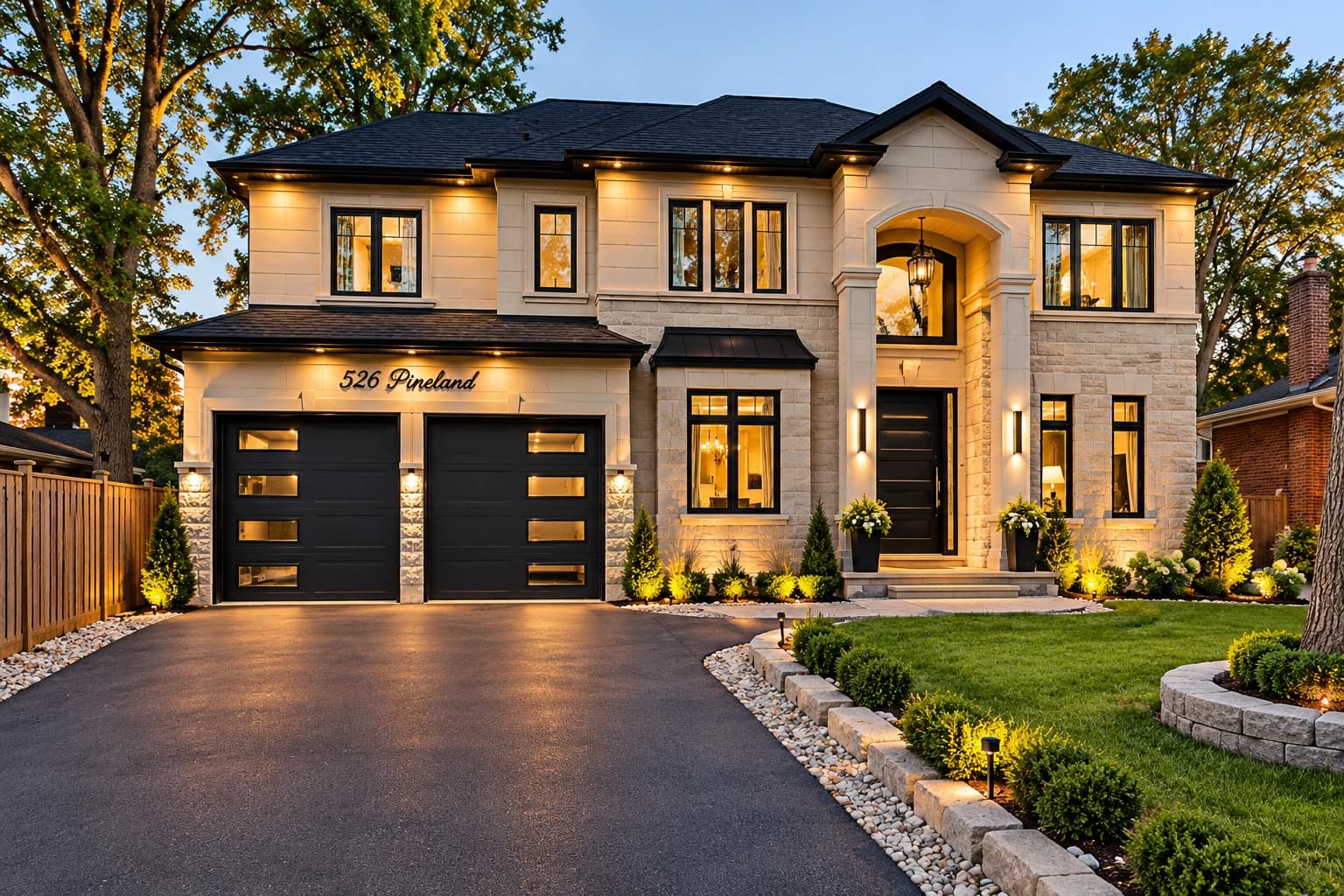 House exterior at 526 Pineland with light stone walls, a tall arched entrance, black-framed windows, two dark garage doors and illuminated landscaping at dusk