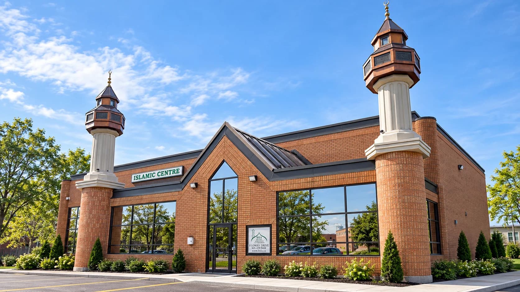 Brampton Islamic Centre with a brick exterior, glazed entrance and two minarets