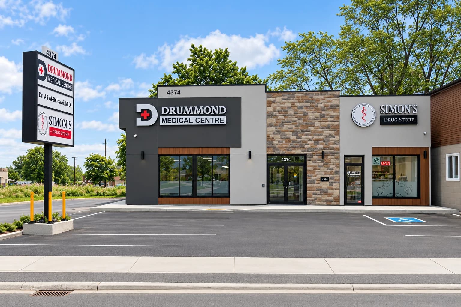 Drummond Medical Centre in Niagara Falls with a stone-clad entrance, grey facade panels, wood accents and large storefront windows