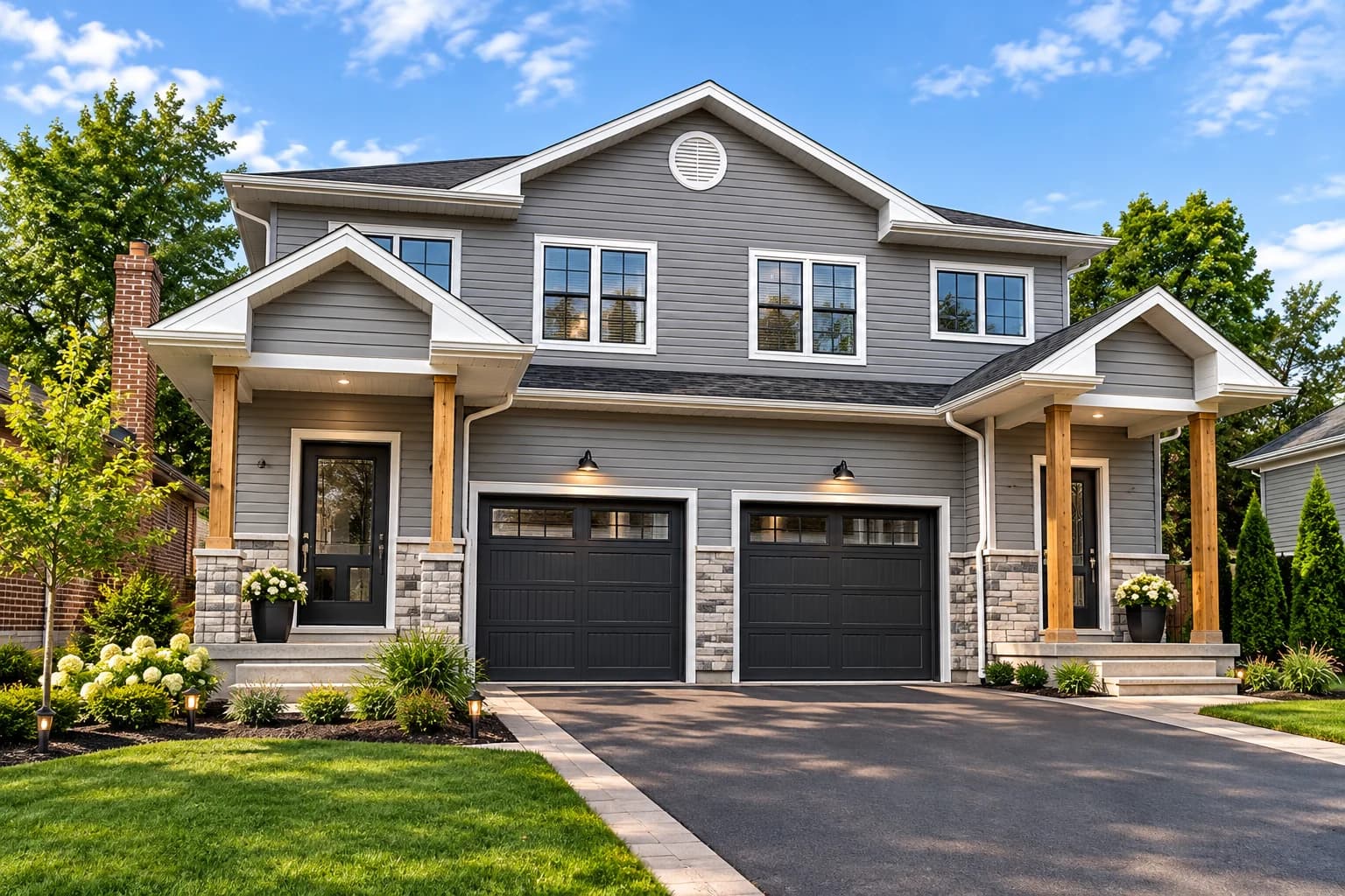 Exterior visualization of 101 Burgar Street showing grey siding, white trim, two garage doors and covered entrances at either side