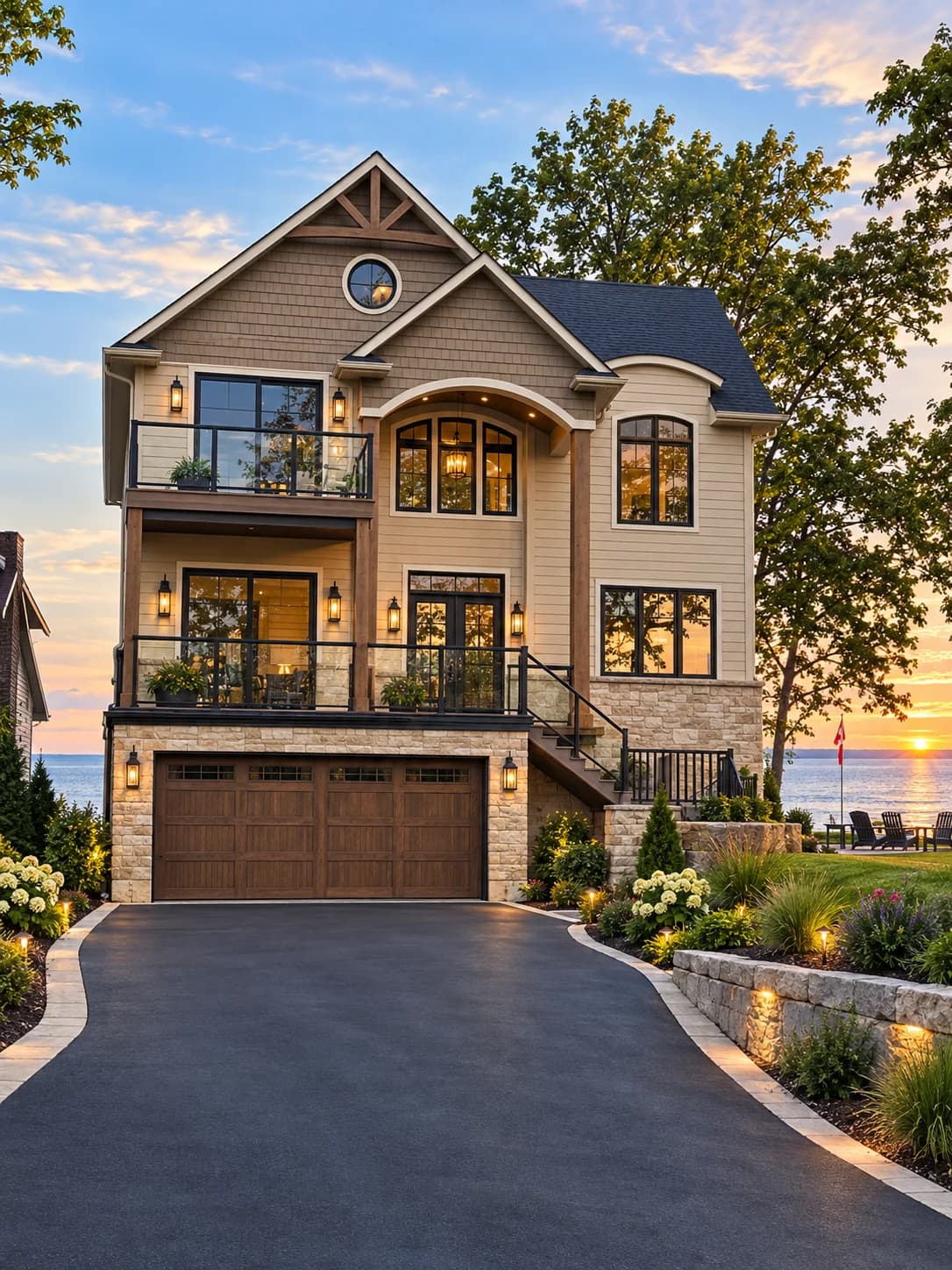 Exterior visualization of 10573 Lakeshore Cottage showing a tall gabled frontage, arched entrance glazing, a balcony and a garage below the living spaces