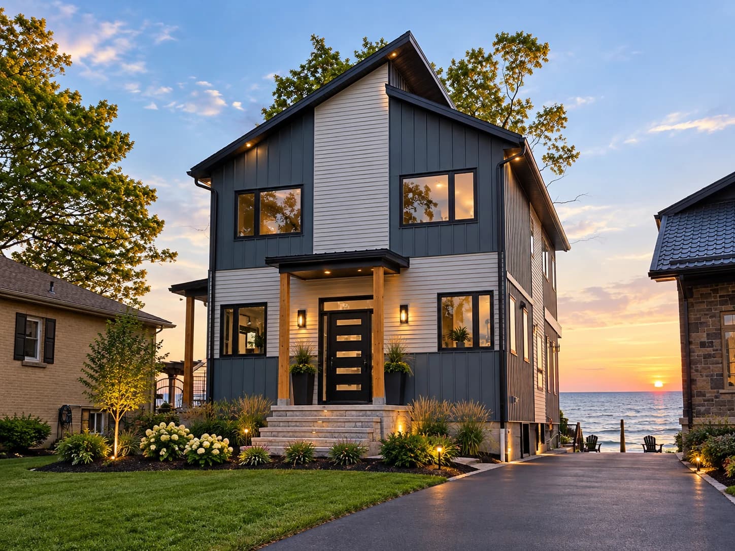 Supplied exterior visualization of 10595 Lakeshore Cottage with dark vertical cladding, white siding, an angled roof and a timber entrance canopy beside Lake Erie