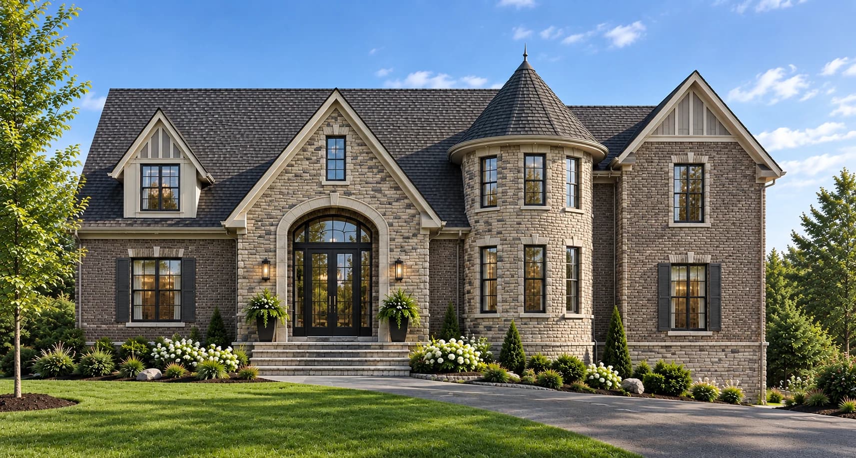 Supplied visualization of 1264 Waterdown Road with stone and brick walls, steep gables, an arched entrance and a round tower with a conical roof
