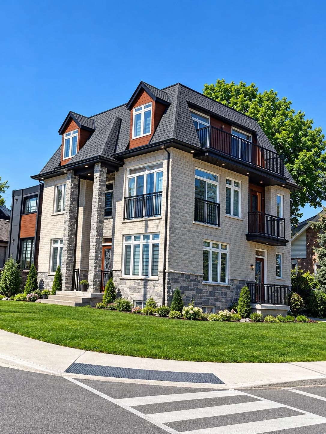 Supplied exterior visualization of 160 Mountain Park Avenue with light masonry, dark stone columns, dormer windows and balconies at the Upper Wentworth corner in Hamilton