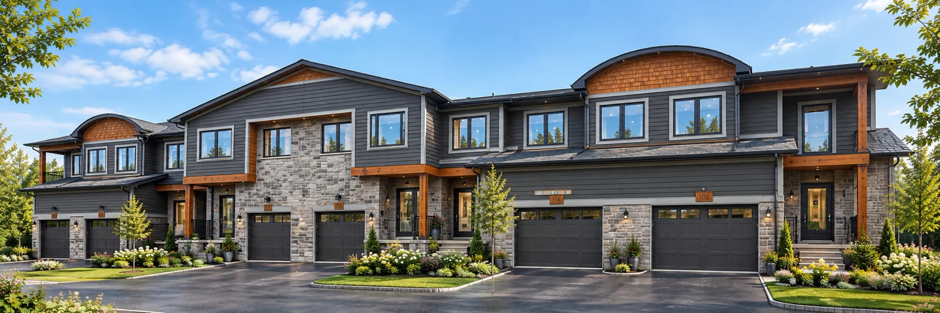 Architectural visualization of Block 1 townhouses at 167 Anglo Street with grey siding, stone walls, wood-toned accents and individual garages