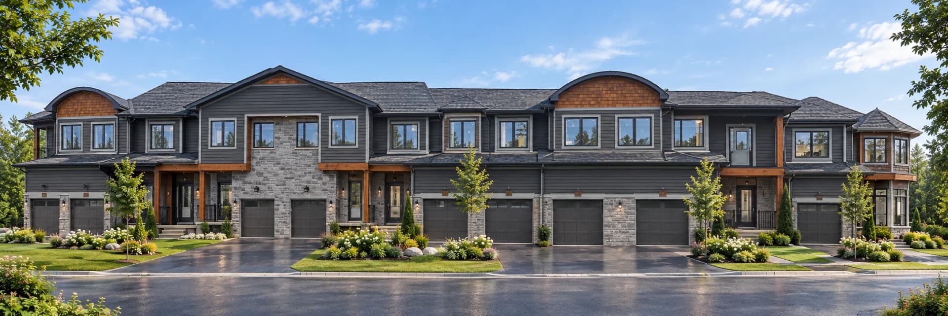 Alternative Block 2 visualization at 167 Anglo Street with grey siding, stone walls, wood-toned trim, individual garages and landscaped gardens
