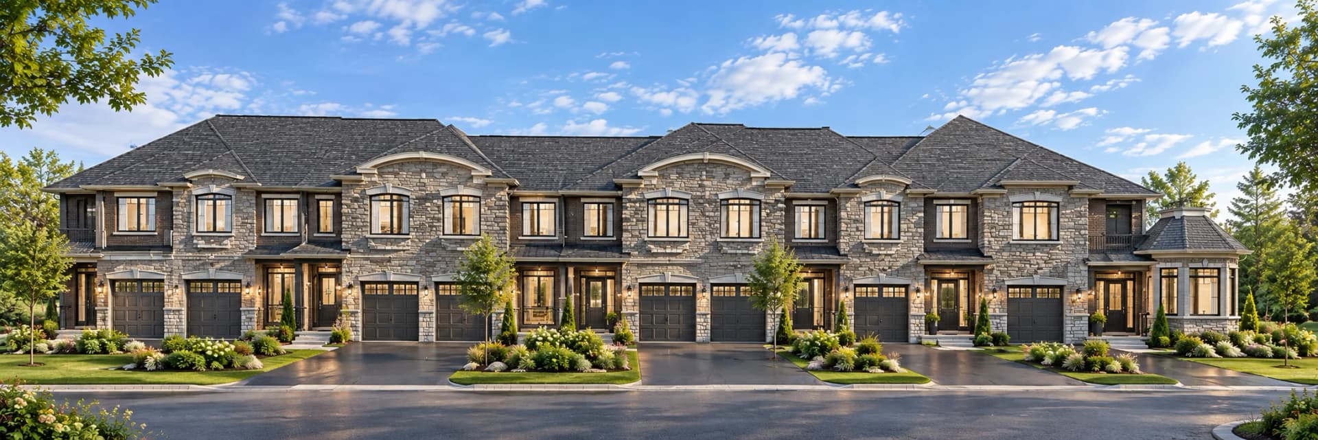 Architectural visualization of Block 2 at 167 Anglo Street showing two-storey stone townhouses with dark roofs, individual garages and covered entrances