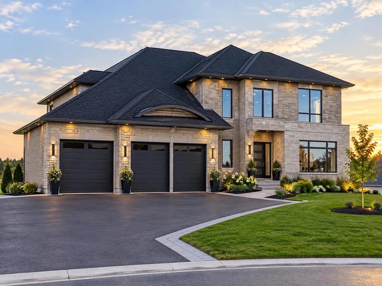 Front exterior visualization of the stone-clad house at 17376 Duffy's Lane with a dark hipped roof, three garage doors and a landscaped driveway