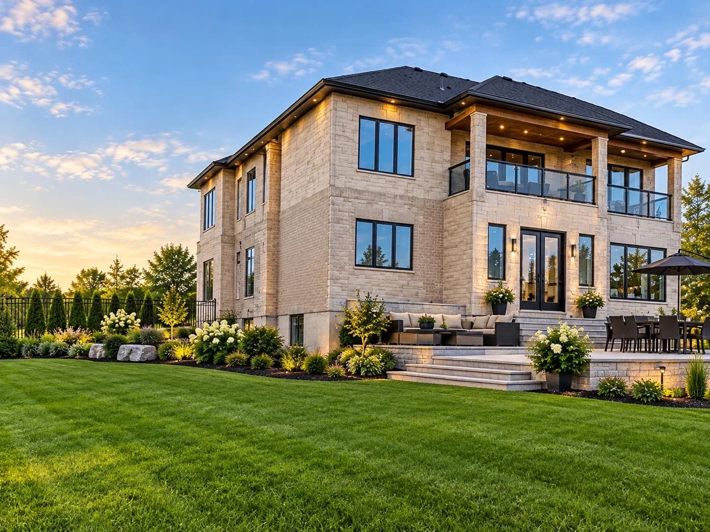 Rear exterior visualization of 17376 Duffy's Lane showing stone walls, a covered upper balcony, broad windows and a terrace overlooking the lawn