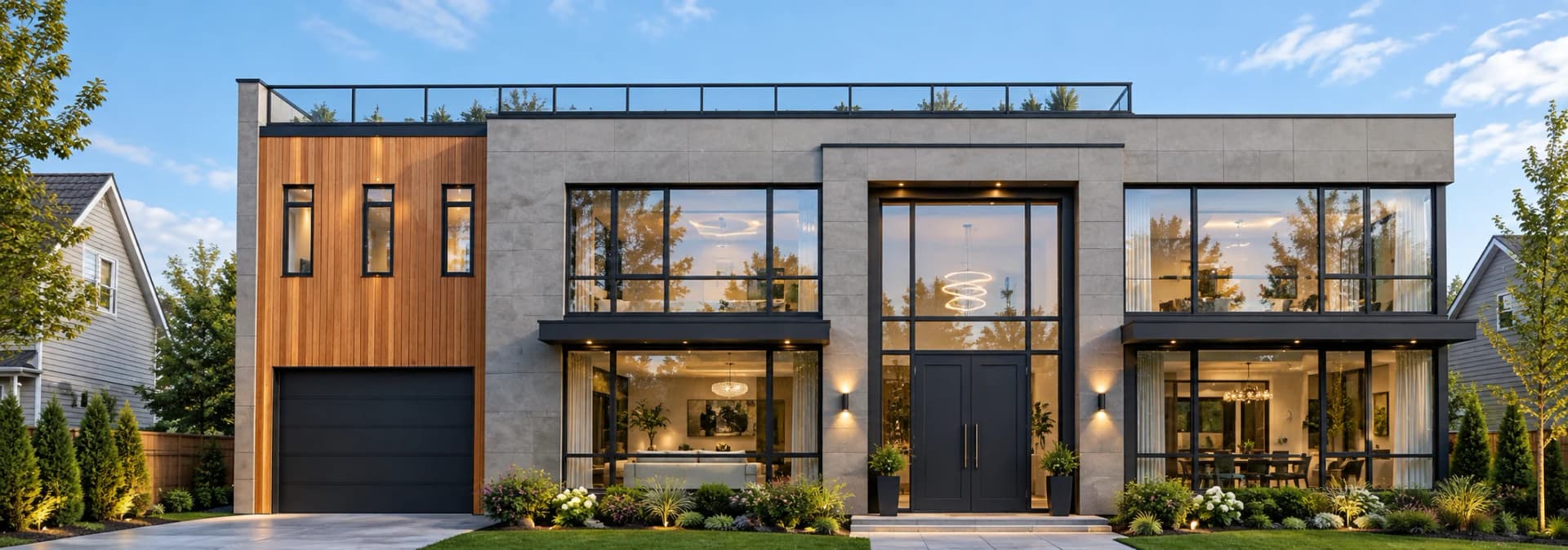 Supplied exterior visualization of 1989 Niagara Parkway with a flat roof, large windows, pale facade panels, wood-toned cladding and a tall glazed entrance