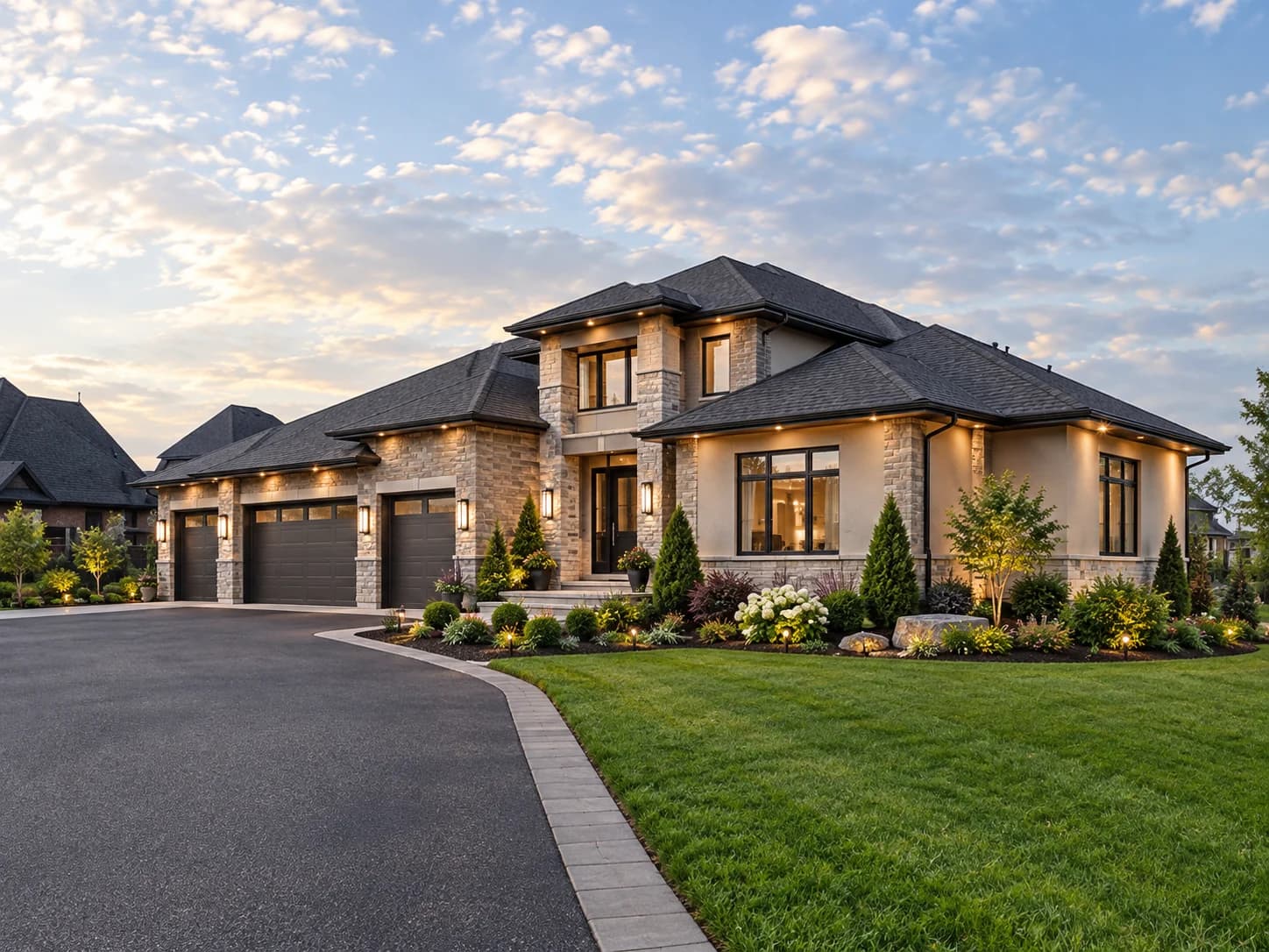 Supplied exterior visualization of 233 Northern Pine with stone and stucco walls, a dark hipped roof, a tall entrance and three garage doors