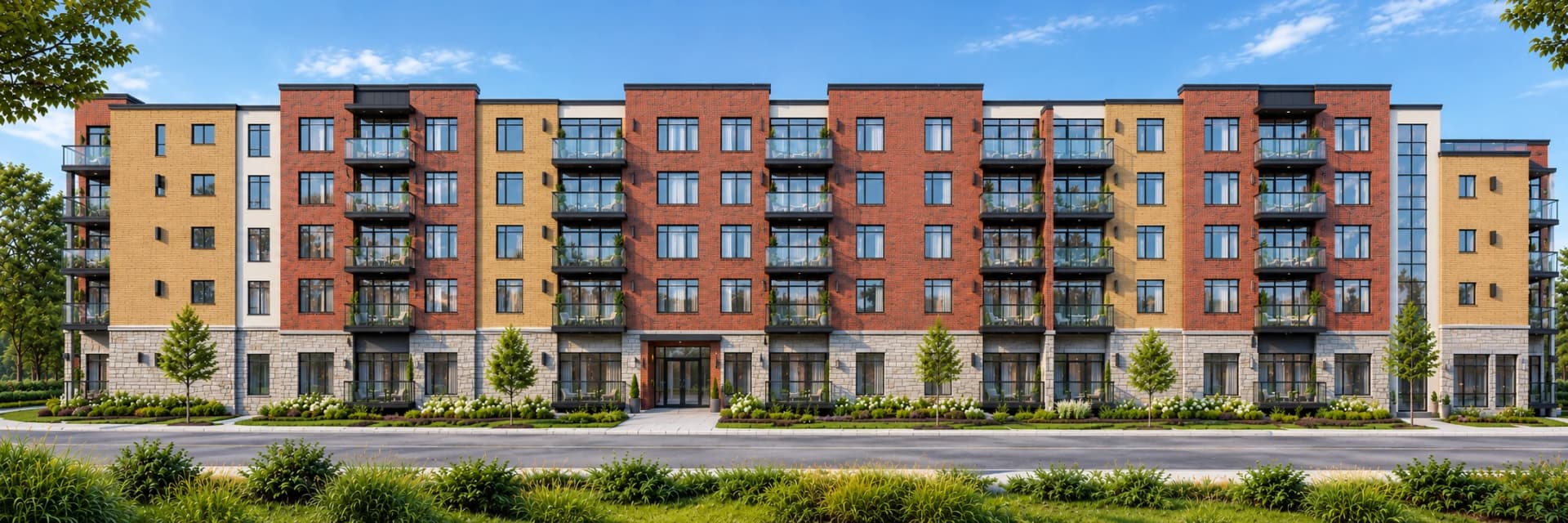 Architectural visualization for 250 South Road showing a five-storey residential building with red and yellow brick, glass balconies and a stone-clad ground floor