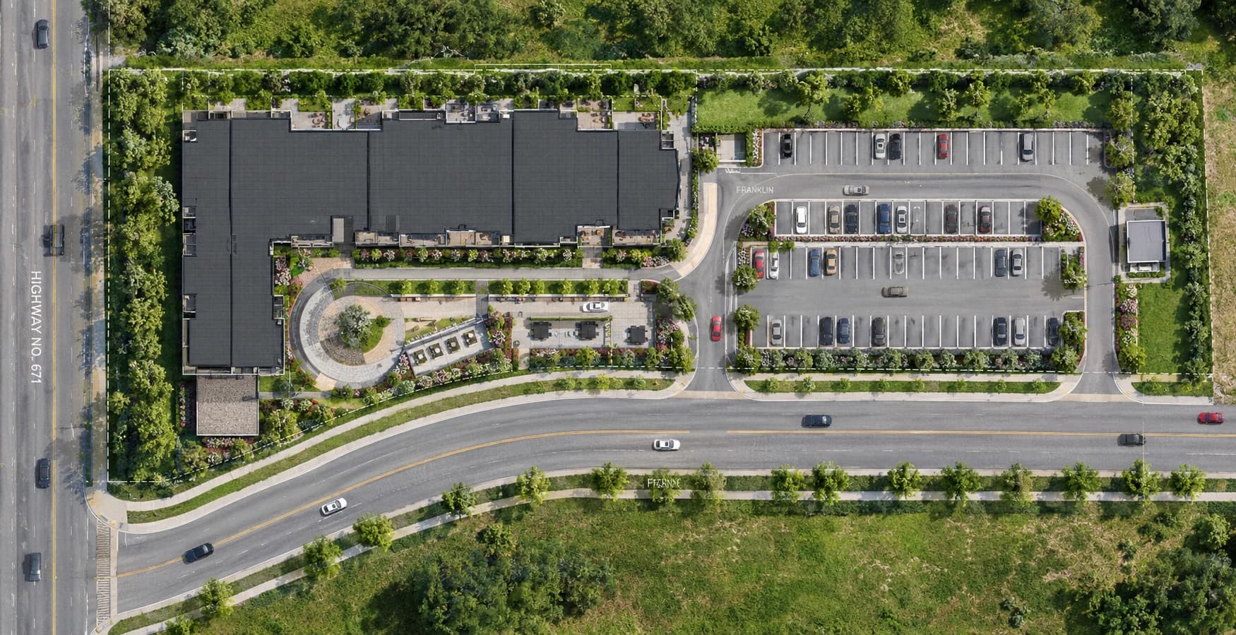 Overhead site visualization for 250 South Road showing an L-shaped building, landscaped paths and seating, vehicle access and a parking area
