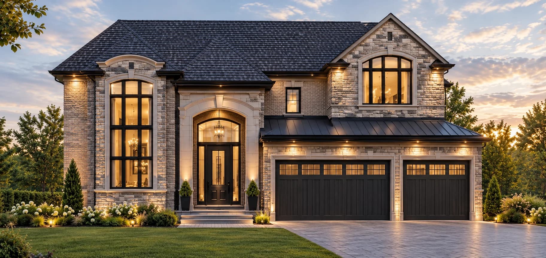 Concept visualization of 274 Weighton Drive with a stone facade, tall entrance glazing, a dark roof and two garage doors
