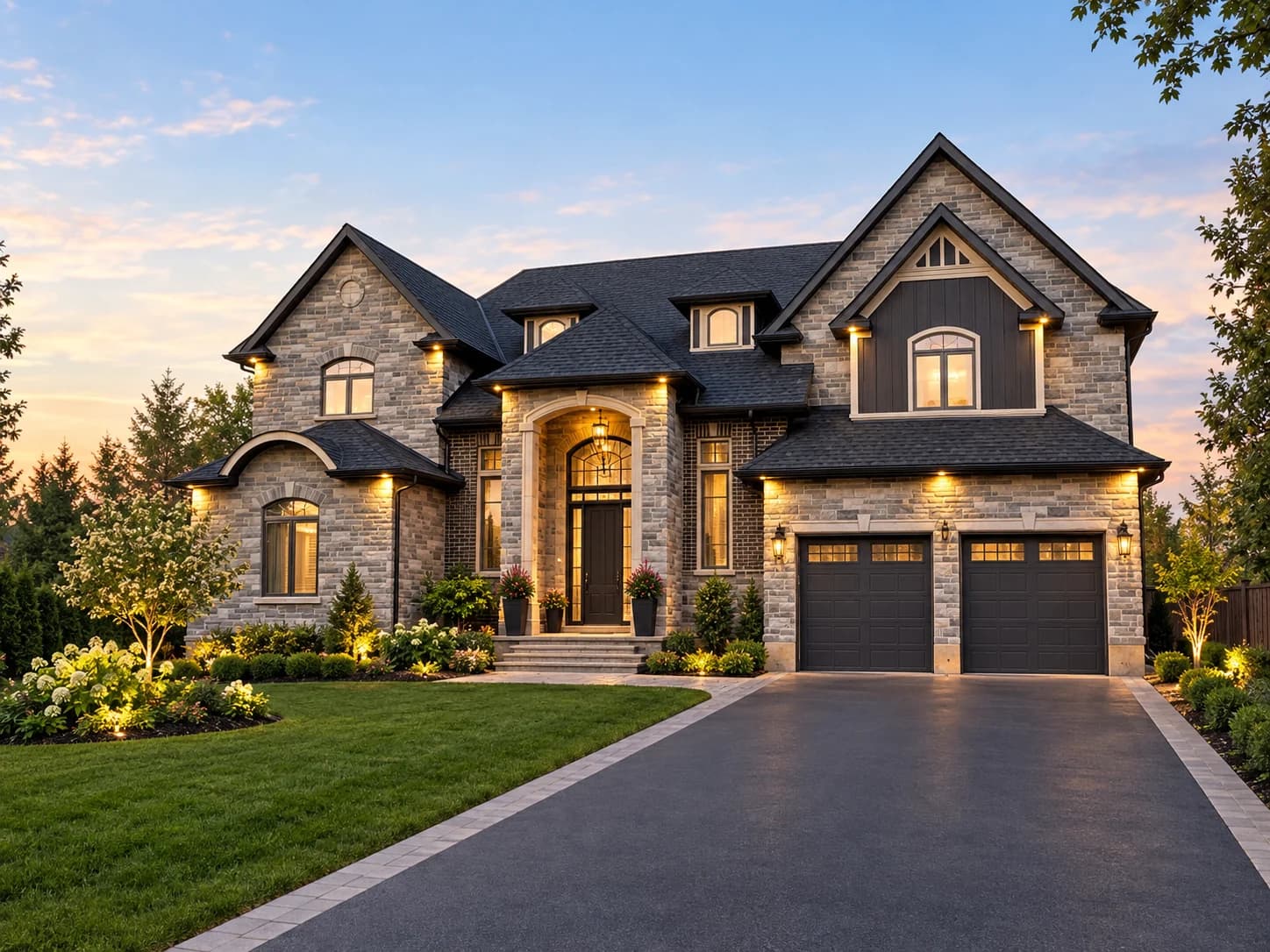 Exterior visualization of 350 Rymal Road with stone walls, front-facing gables, a tall arched entrance and two dark garage doors