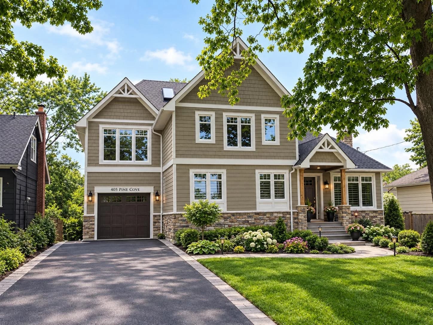 Supplied exterior visualization of the house at 405 Pine Cove with grey-green siding, stone base walls, white window trim, front gables and a covered entrance