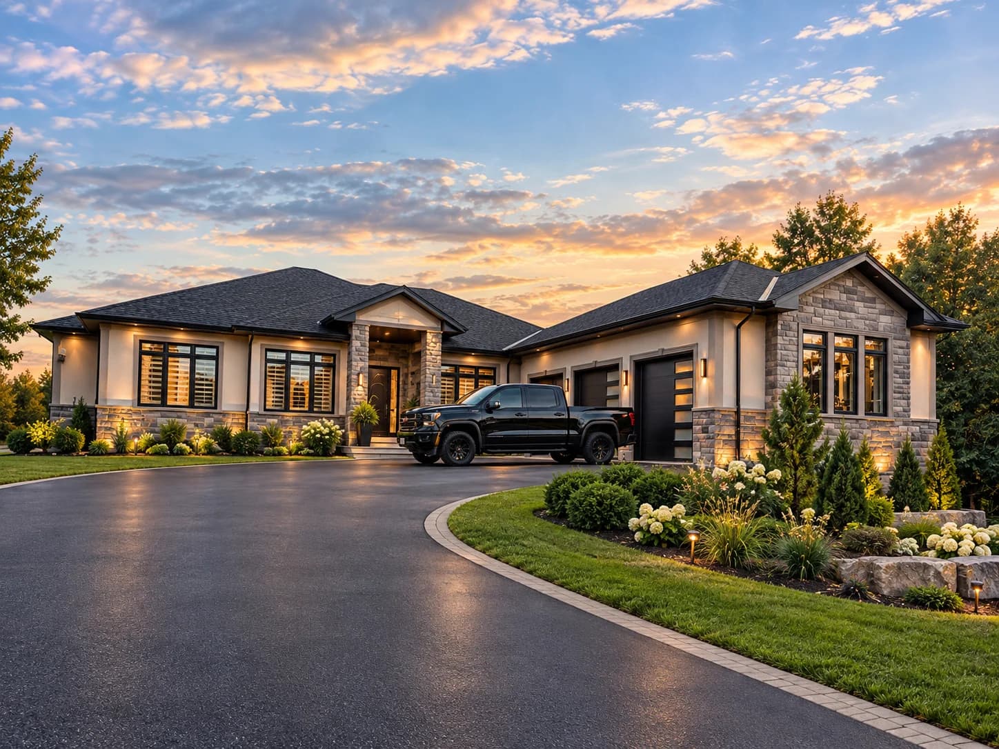 Exterior visualization of 4417 10th Line showing a low-roofed house with stone accents, broad windows and a garage wing beside a curved driveway