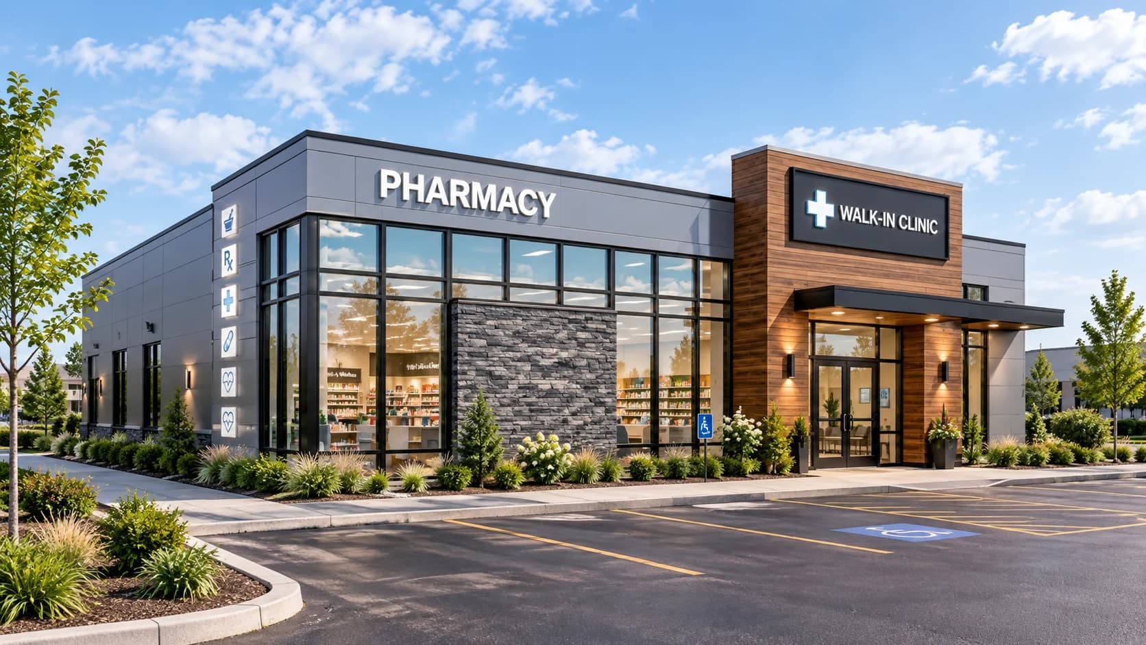 Exterior visualization of 49 Division Medical Centre with broad glazing, stone cladding, pharmacy and walk-in clinic signs, and a covered entrance