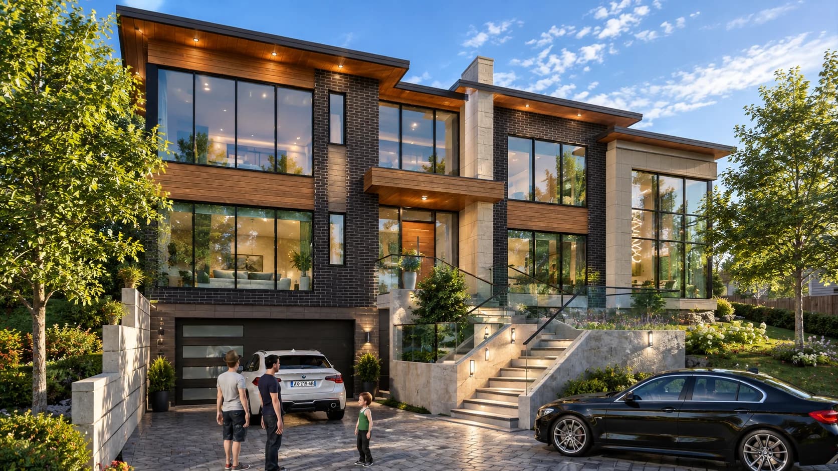Supplied exterior visualization of 497 Evergreen with dark brick, wood-toned cladding, tall windows, a garage below the main floor and broad entrance steps