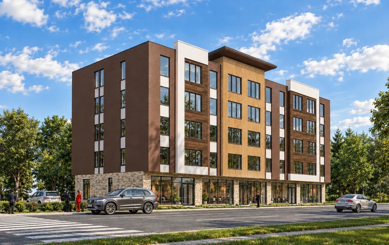 Architectural visualization of 515 East Main showing a mid-rise building with a glazed commercial ground floor, brown and wood-toned upper walls and a flat roof