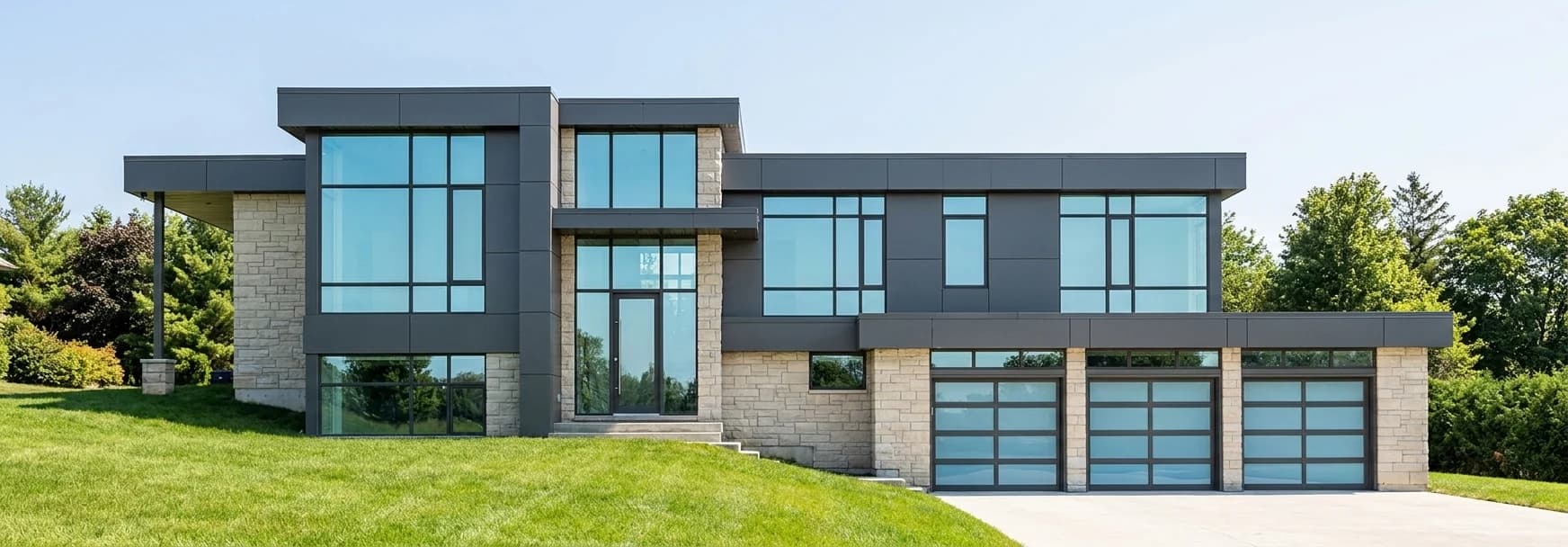 Daytime architectural visualization of 555 Highway 20 with flat roofs, stone walls, dark facade panels, tall glazing and three garage doors