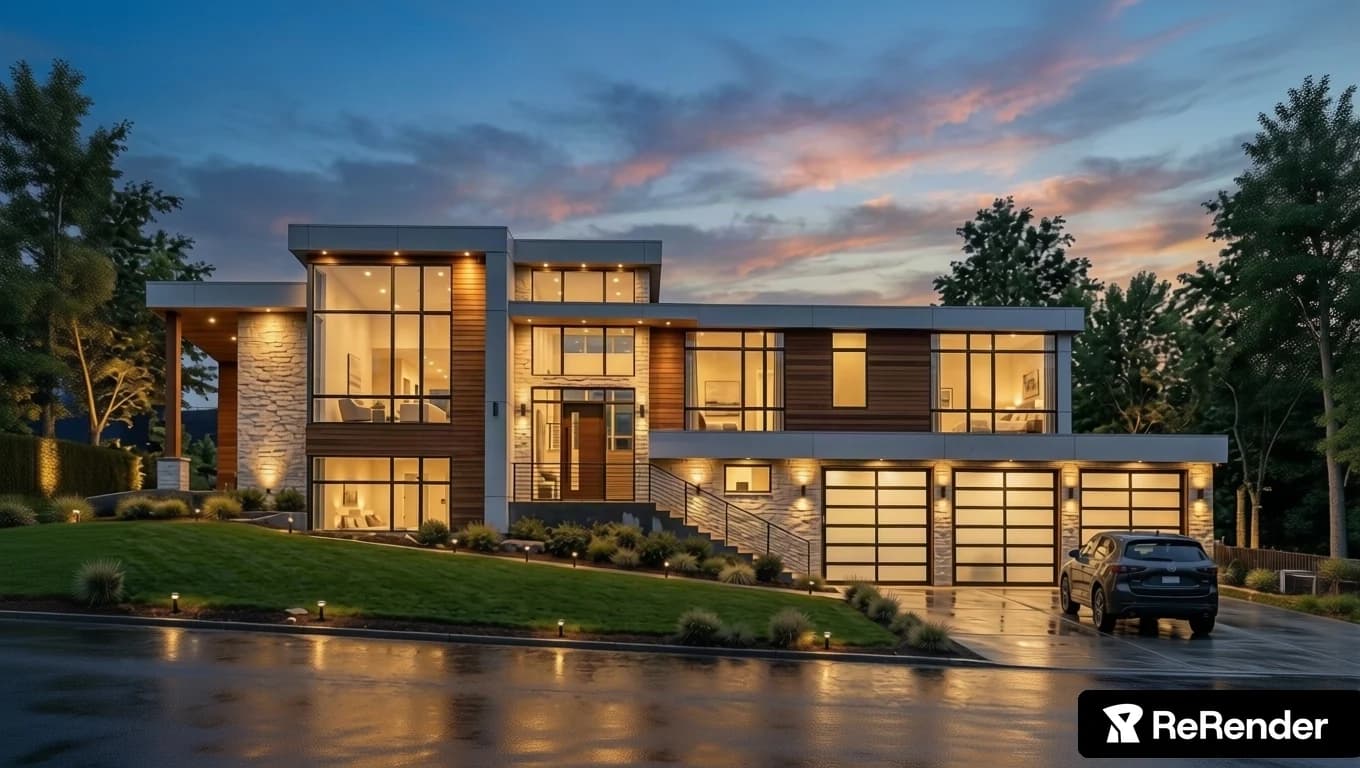 Dusk visualization of 555 Highway 20 with illuminated interiors, wood-toned facade panels, stone walls, tall windows and three glazed garage doors