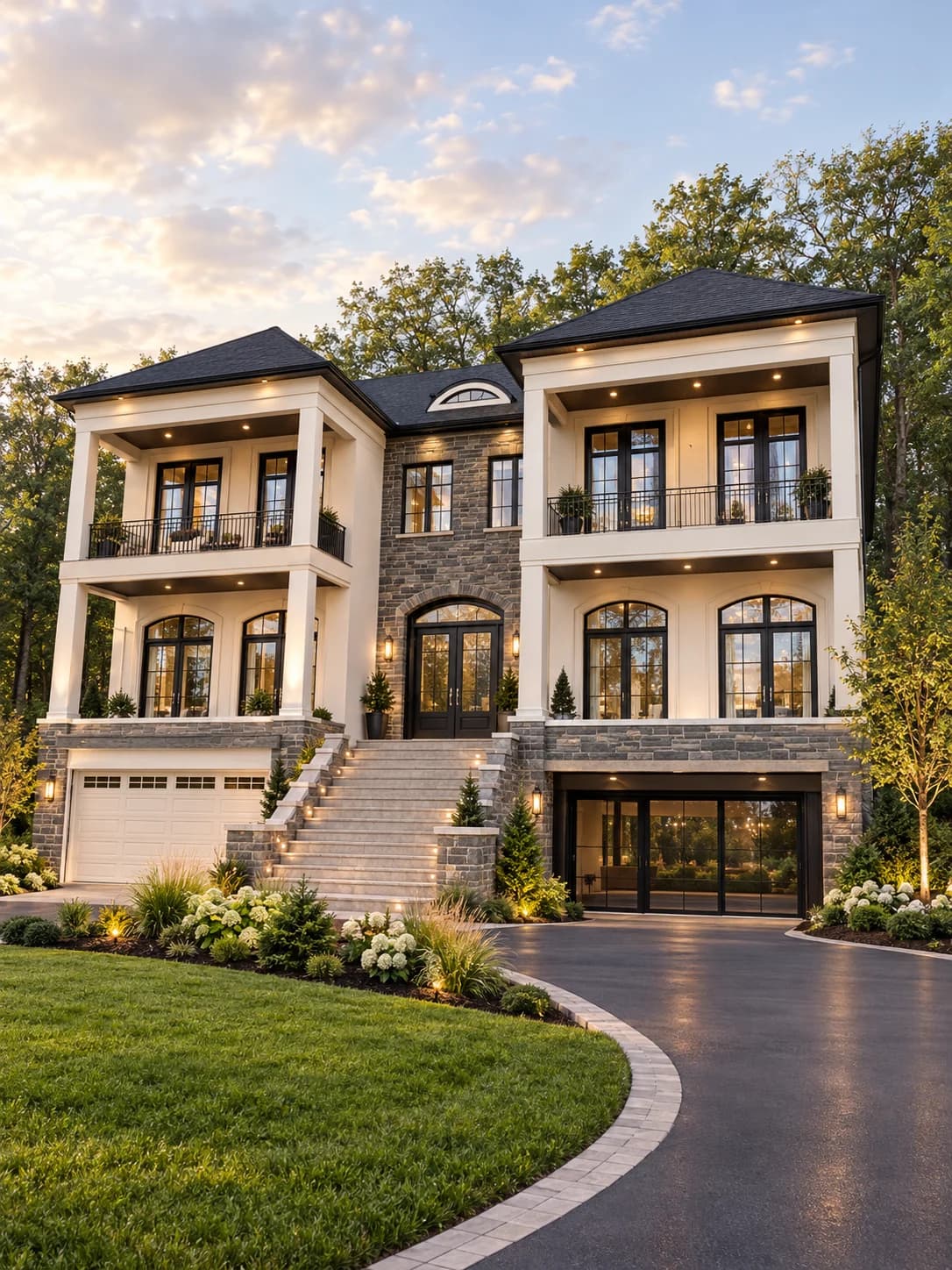 Exterior visualization of 62 Dorchester showing a stone entrance, central front steps, paired projecting bays with balconies and a lower-level garage