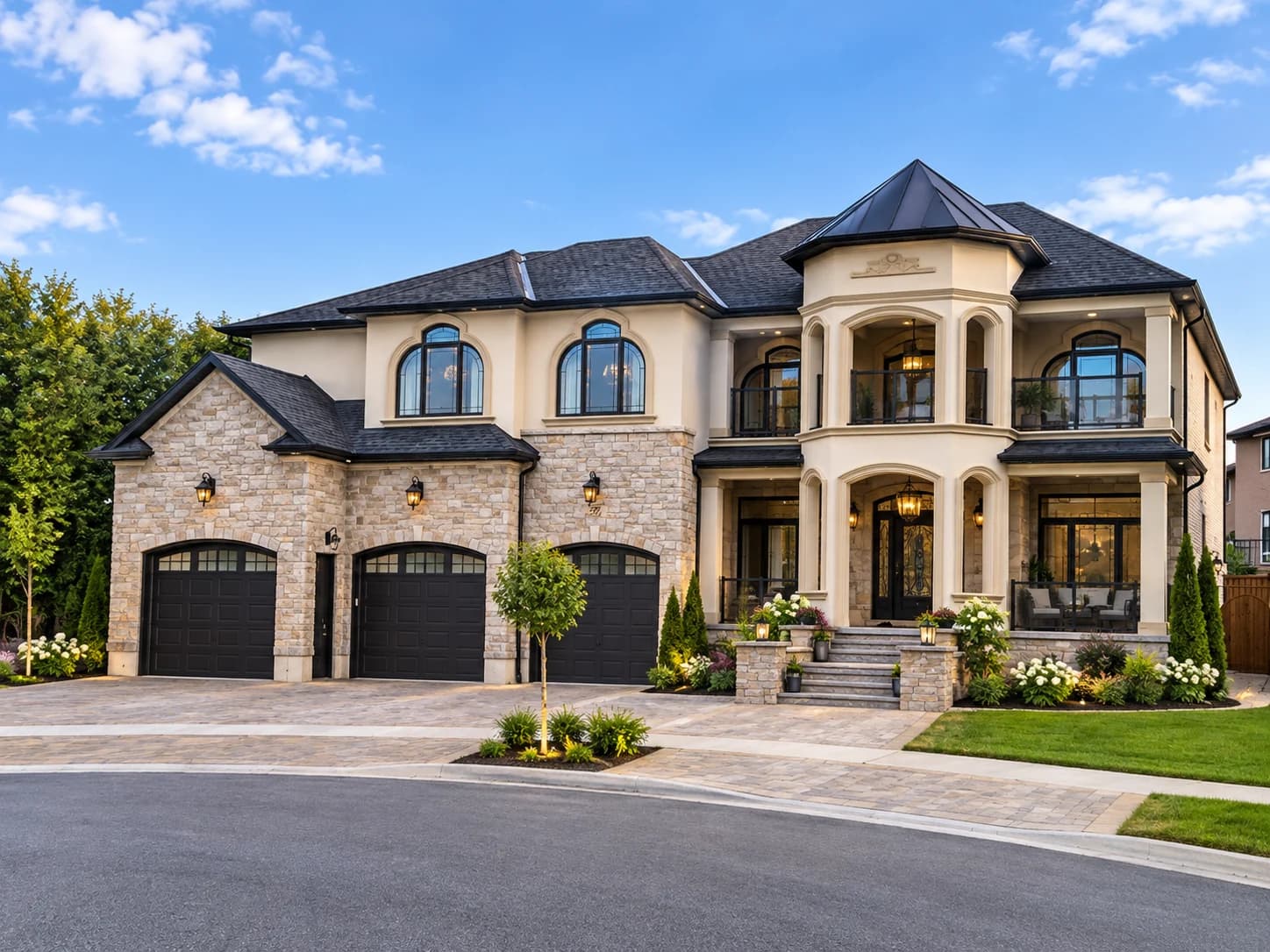 Supplied exterior visualization of 66 Cielo Court with stone walls, arched windows, three garage doors and a central entrance beneath an upper balcony