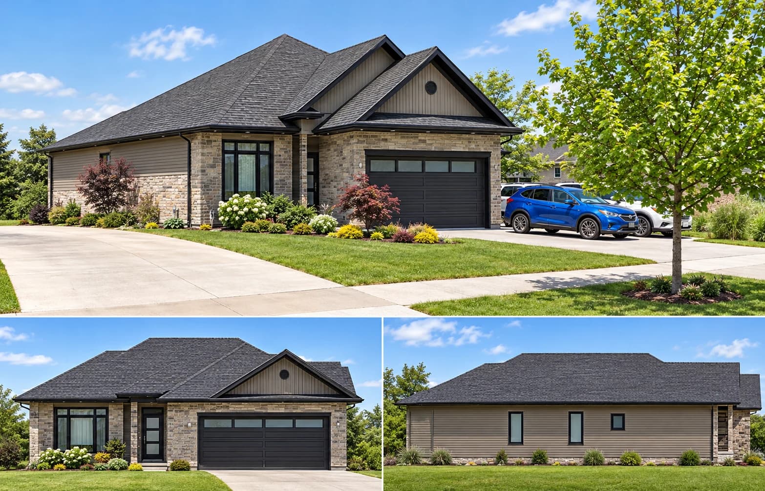 Three supplied exterior views of 82 Tanner Drive showing a bungalow with brick and stone walls, horizontal siding, a dark hipped roof and a double garage
