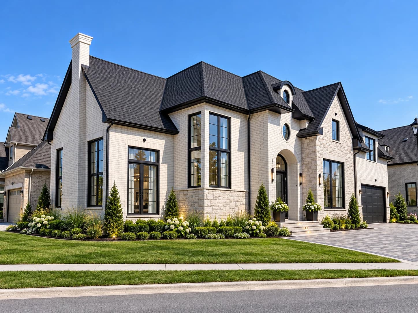 Corner exterior visualization of 83 Millpond showing tall windows, light brick and stone, a chimney and the arched entrance