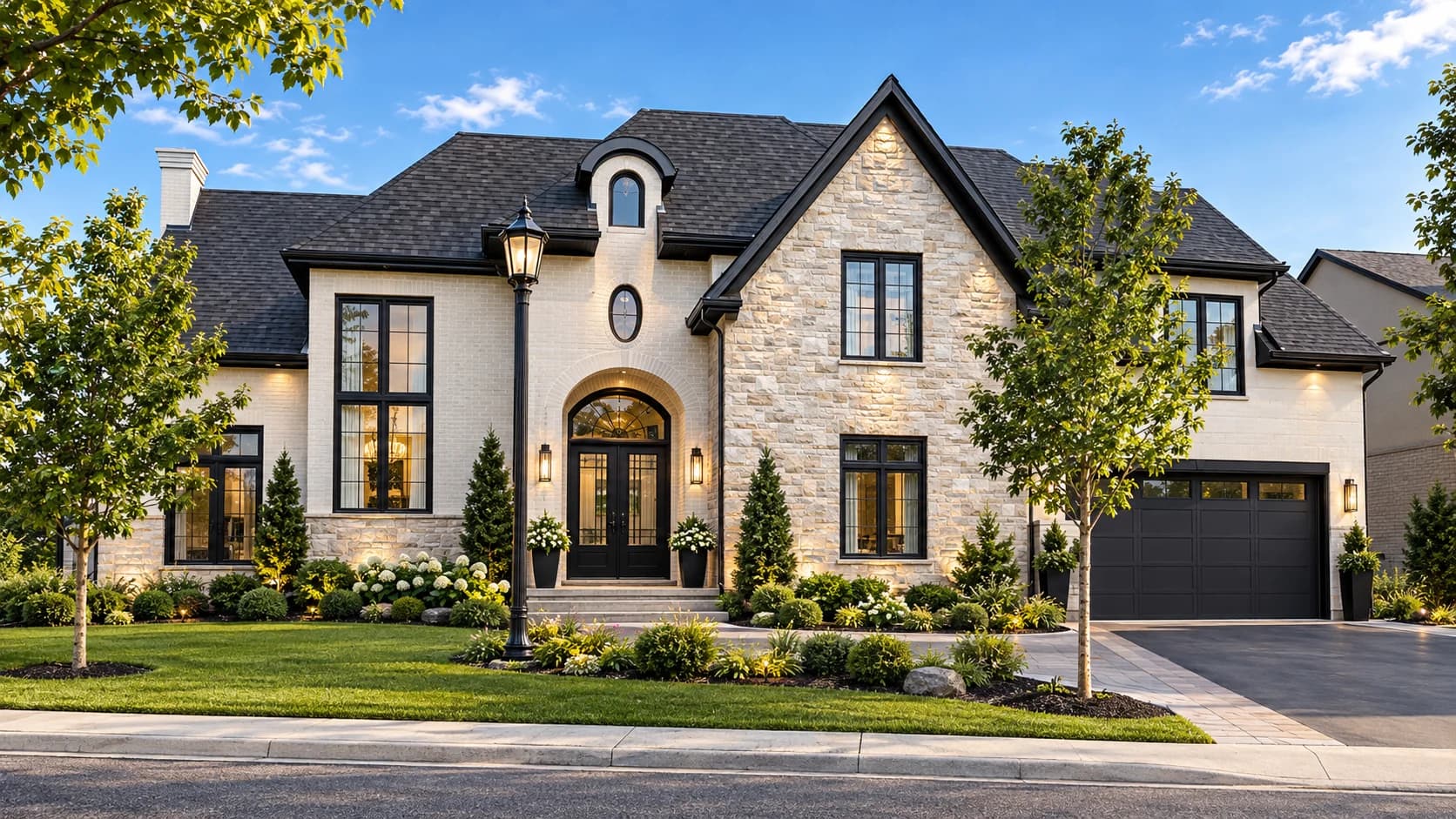 Supplied exterior visualization of 83 Millpond with light brick and stone walls, an arched entrance, a circular window and a dark garage door