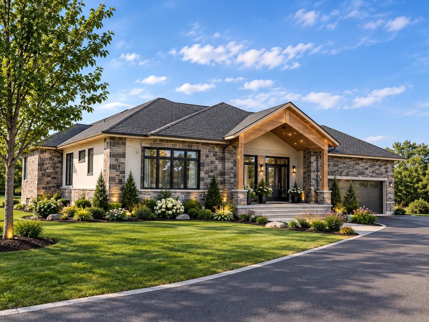 Exterior visualization of 84 Concession 6 showing stone walls, dark-framed windows and a timber-gabled entrance porch beside an attached garage