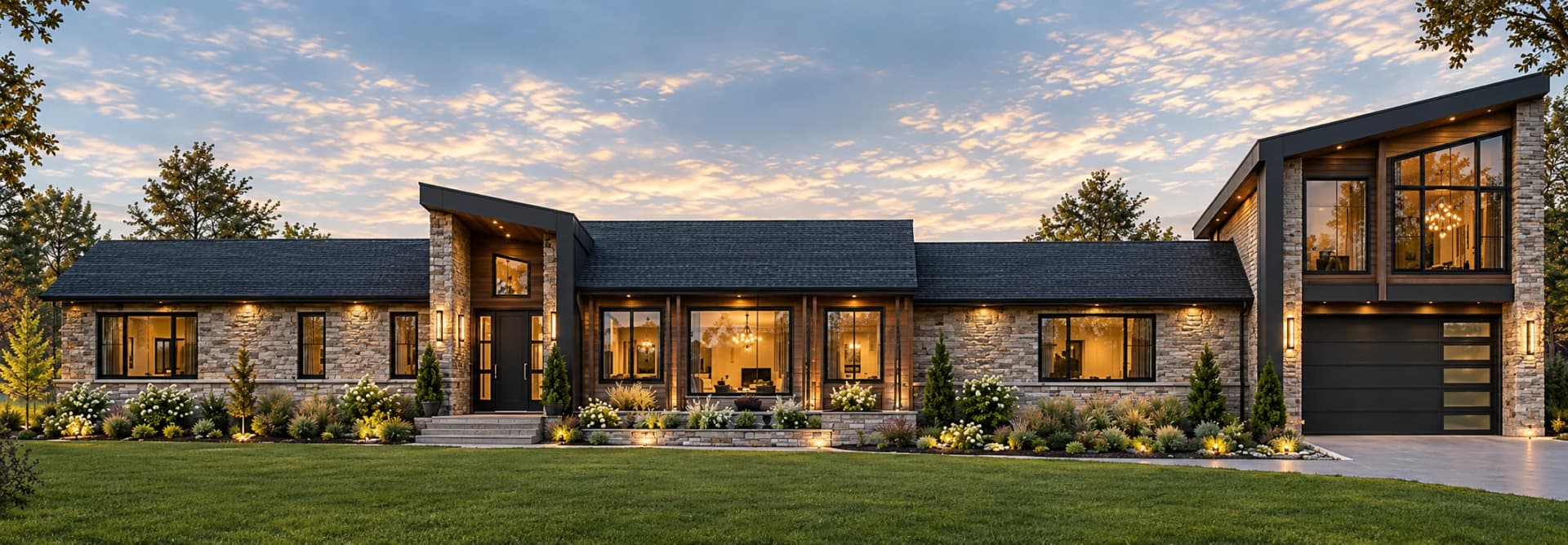 Supplied exterior visualization of a residence at 9351 Niagara Parkway with stone walls, a dark roof, tall entrance glazing and a garage beside landscaped gardens