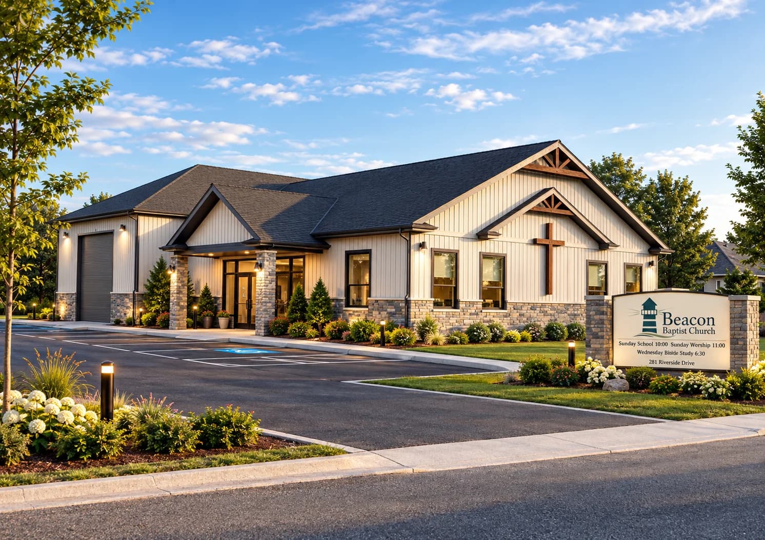 Exterior visualization of Beacon Church showing pale siding, gabled roofs, a glazed entrance canopy, a facade cross and landscaped grounds