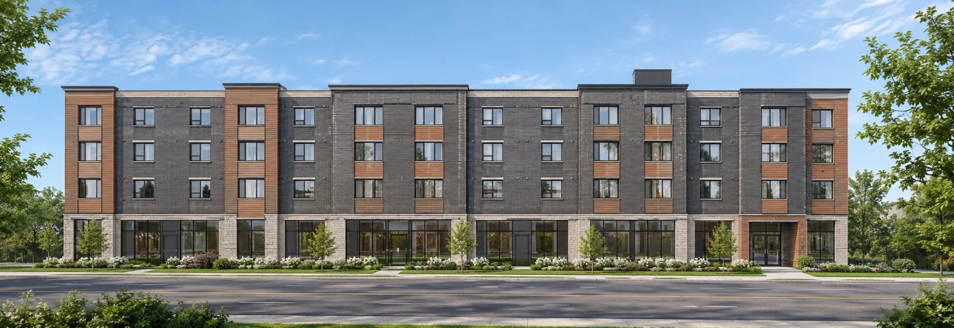 Architectural visualization of the Guelph Coptic Retirement Development with four storeys, dark brick walls, wood-toned panels and glazed ground-floor spaces