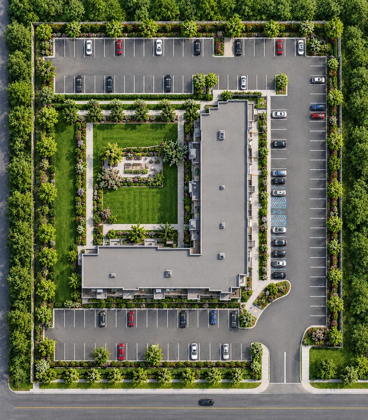 Overhead architectural visualization of an L-shaped retirement building enclosing a landscaped courtyard, with paths, seating and parking around the site