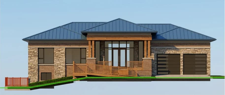 Architectural elevation of a Highway 8 residence in Flamborough with stone and brick walls, a blue roof, a timber entrance porch, a ramp and two garage doors