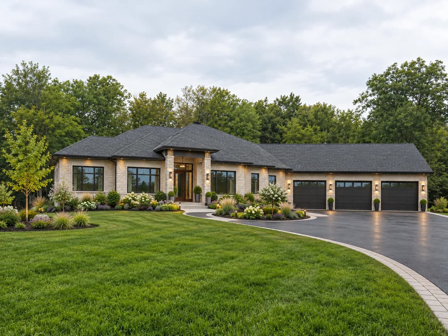 Exterior visualization of a house on Miller Road with stone walls, a low dark roof, broad windows, three garage doors and landscaped gardens